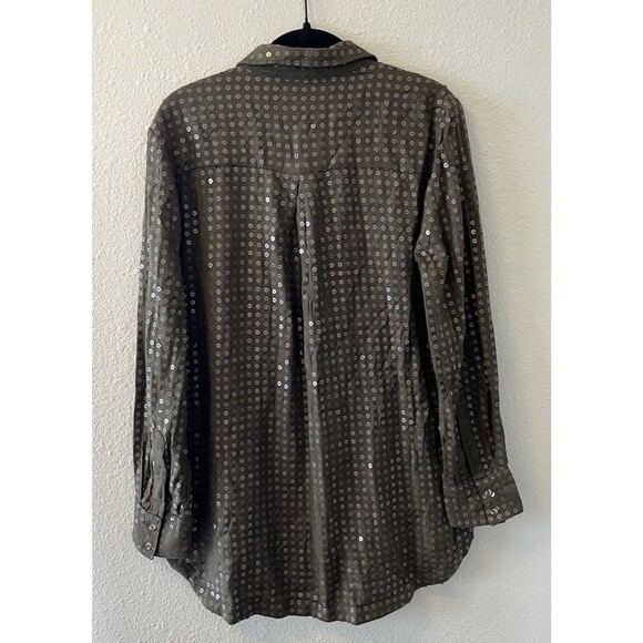 Maeve Anthropologie Blouse Size Med Sequined Olive Green Buttoned Shirt Chic - Picture 7 of 14